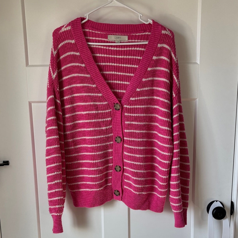 LOFT Hot Pink and White Striped Button Oversized Cardigan